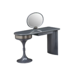 Glossy Grey Vanity Set with Round Mirror and Tulip Stool