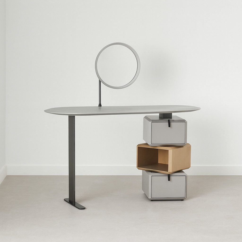 Modern Grey Vanity Desk with Round Mirror and Stacked Storage