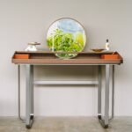Walnut Vanity Desk with Rattan Round Mirror and Storage Tray