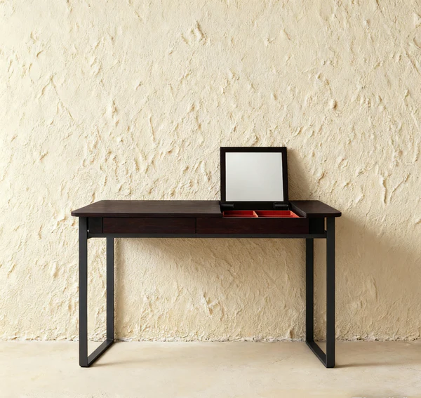 Dark Wood Vanity Desk with Lift-Up Mirror and Compartment Storage