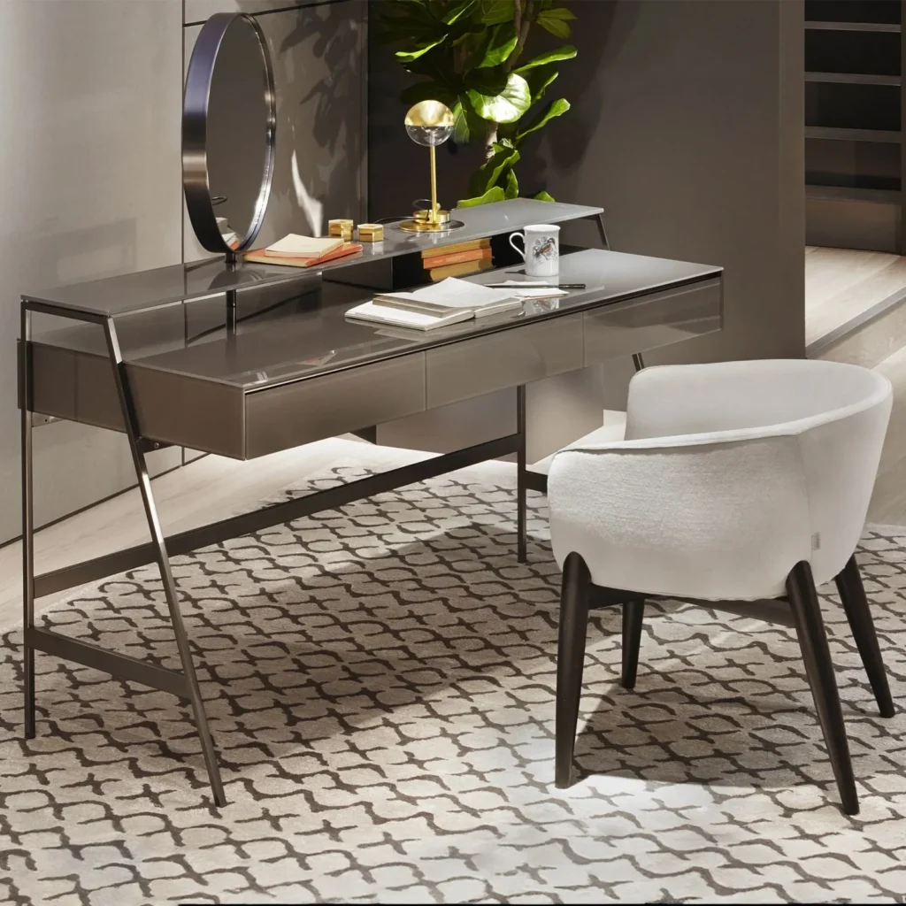 Taupe Minimalist Vanity Table with Round Mirror and Three Drawers