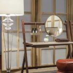 Walnut Wood Folding Vanity Desk with Round Gold Trim Mirror