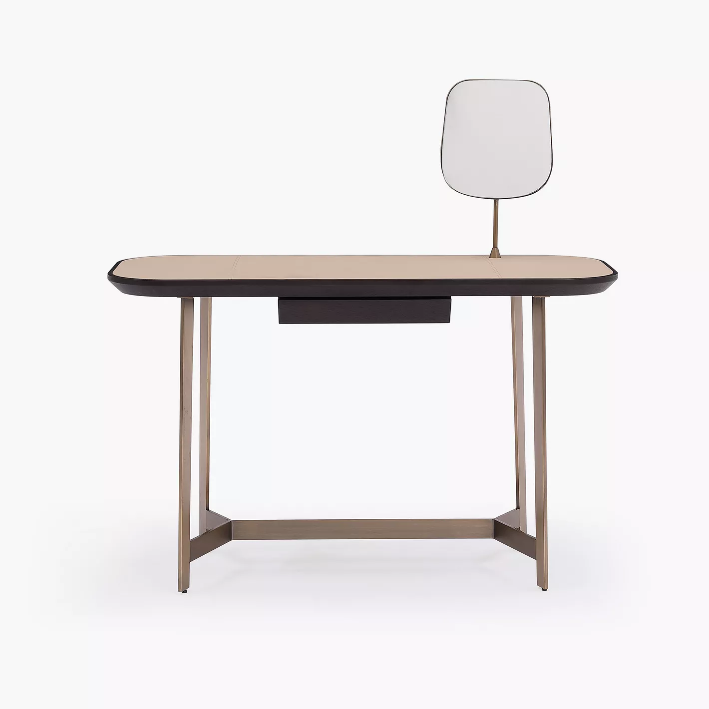 Dark Wood and Brass Vanity Desk with Asymmetrical Mirror