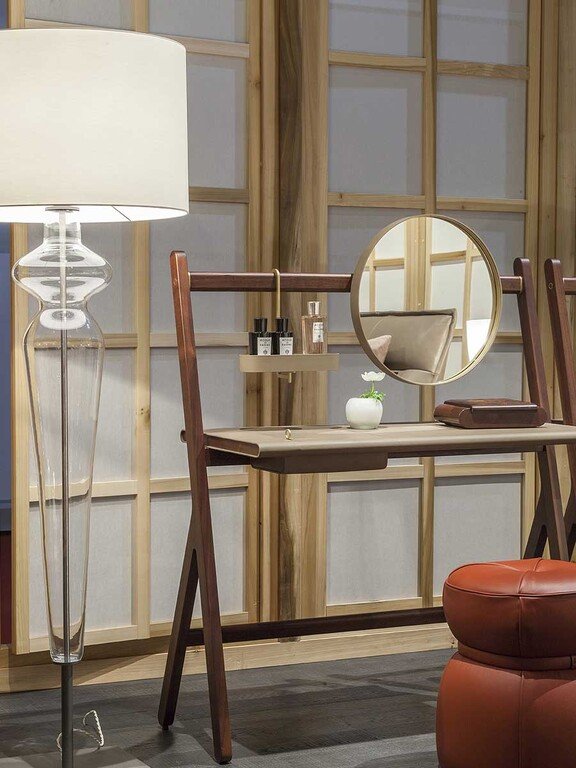 Walnut Wood Folding Vanity Desk with Round Gold Trim Mirror