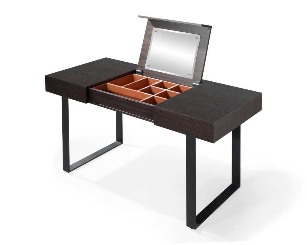 Dark Walnut Vanity Desk with Flip Top Mirror and Compartment Storage