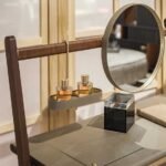 Walnut Wood Folding Vanity Desk with Round Gold Trim Mirror