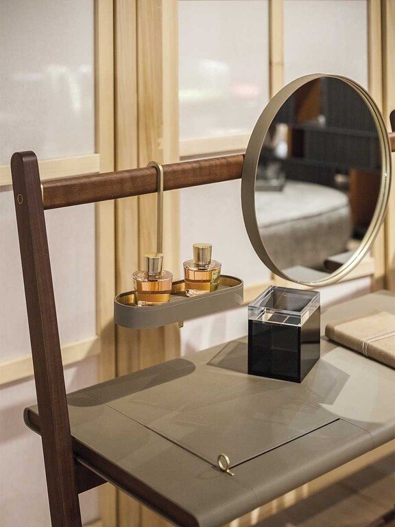 Walnut Wood Folding Vanity Desk with Round Gold Trim Mirror