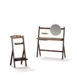 Walnut Wood Folding Vanity Desk with Round Gold Trim Mirror