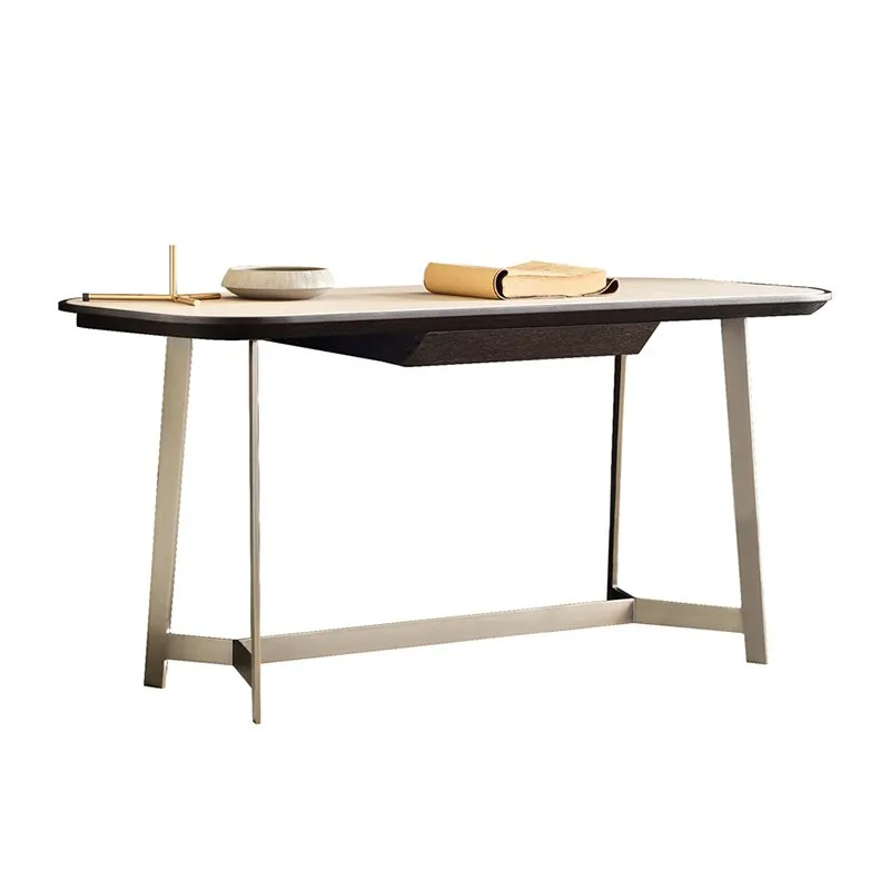 Dark Wood and Brass Vanity Desk with Asymmetrical Mirror