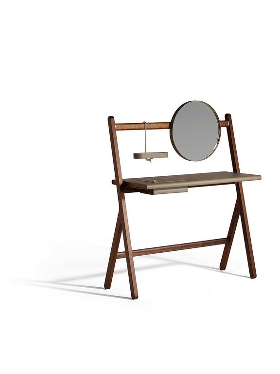 Walnut Wood Folding Vanity Desk with Round Gold Trim Mirror