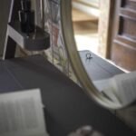 Walnut Wood Folding Vanity Desk with Round Gold Trim Mirror