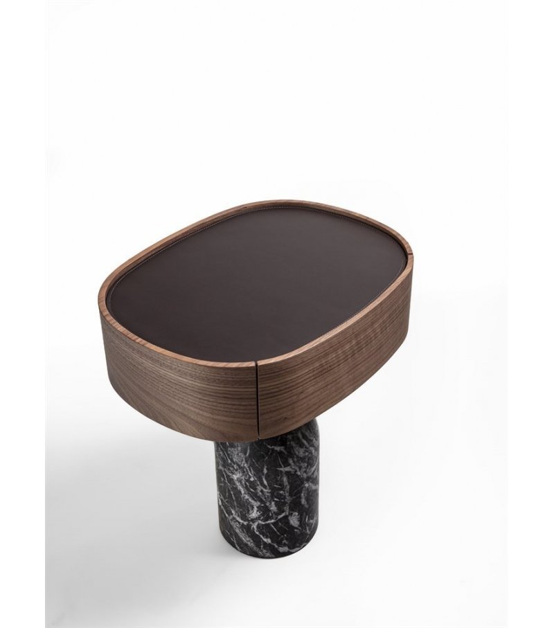 Round Walnut Top Side Table with Marble Base