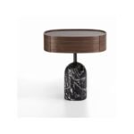 Round Walnut Top Side Table with Marble Base