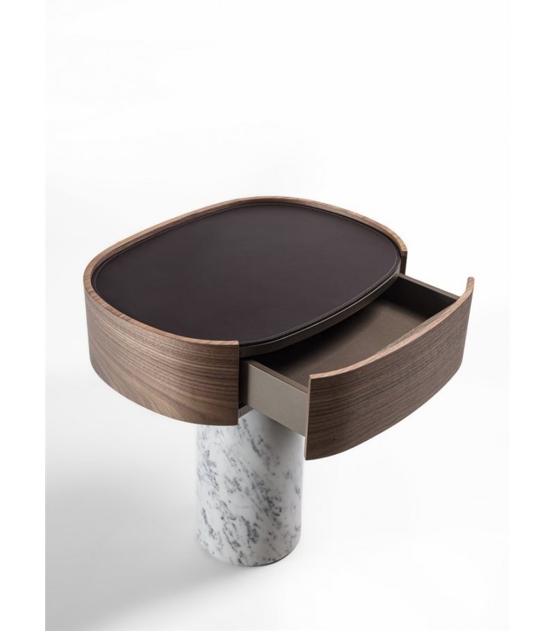 Round Walnut Top Side Table with Marble Base
