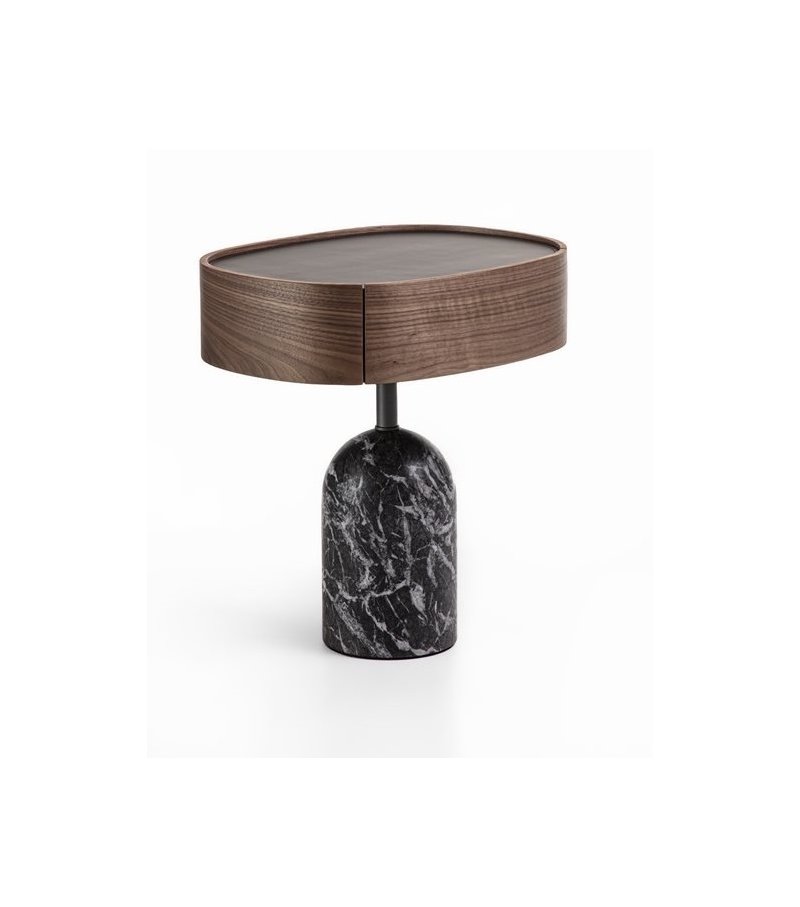 Round Walnut Top Side Table with Marble Base