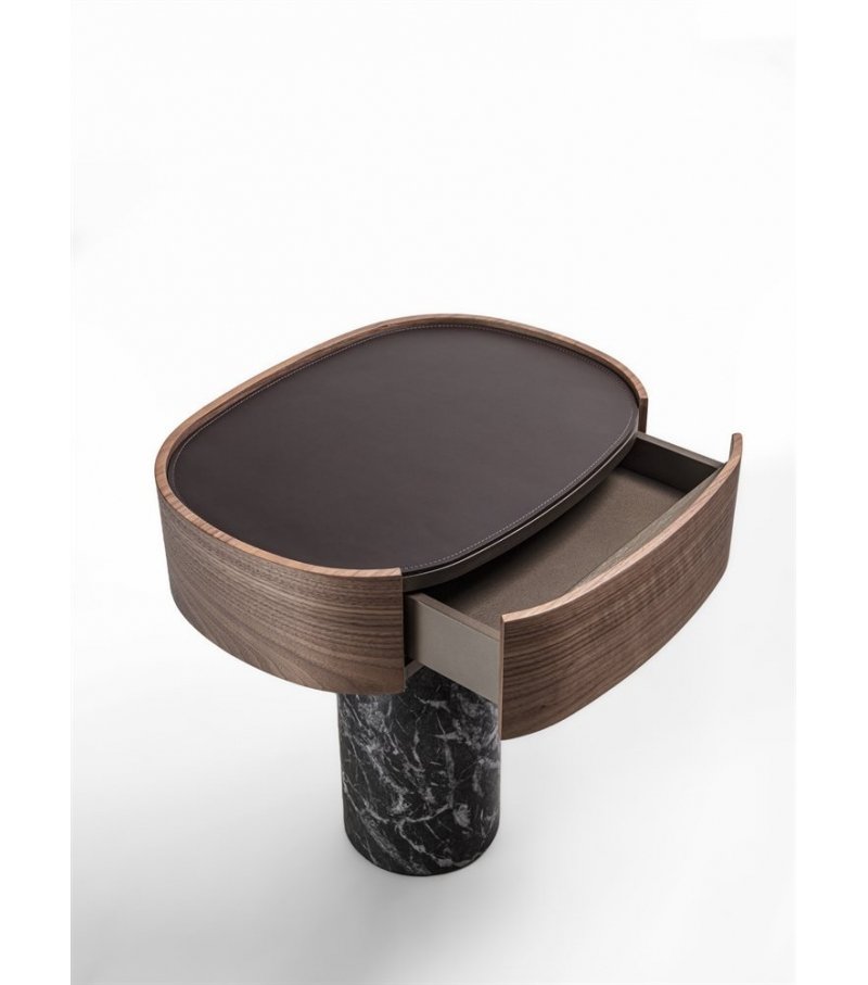 Round Walnut Top Side Table with Marble Base