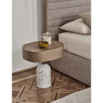 Round Walnut Top Side Table with Marble Base