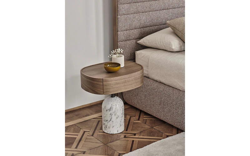 Round Walnut Top Side Table with Marble Base
