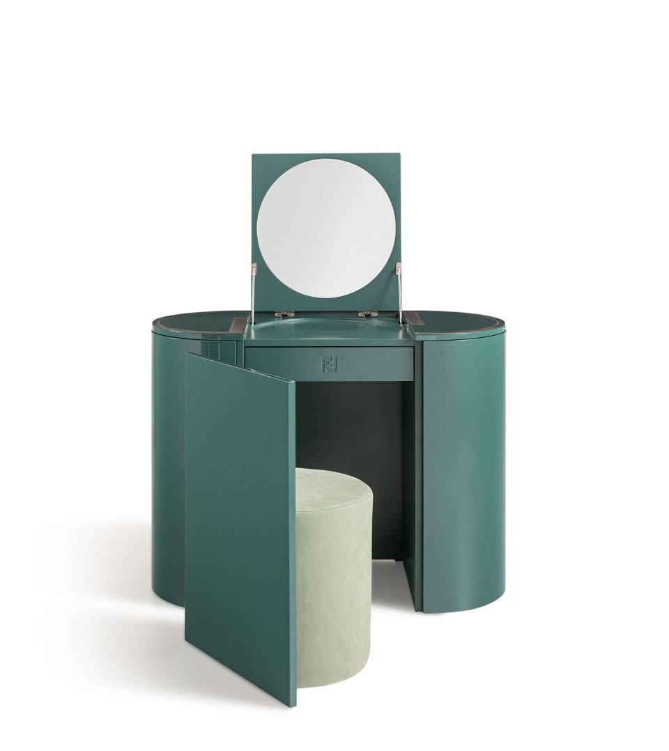 Italian Minimalist Luxury Emerald Green Solid Wood Adjustable Folding Mirror Vanity with Storage