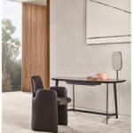 Walnut and Leather Top Vanity Desk with Asymmetrical Mirror