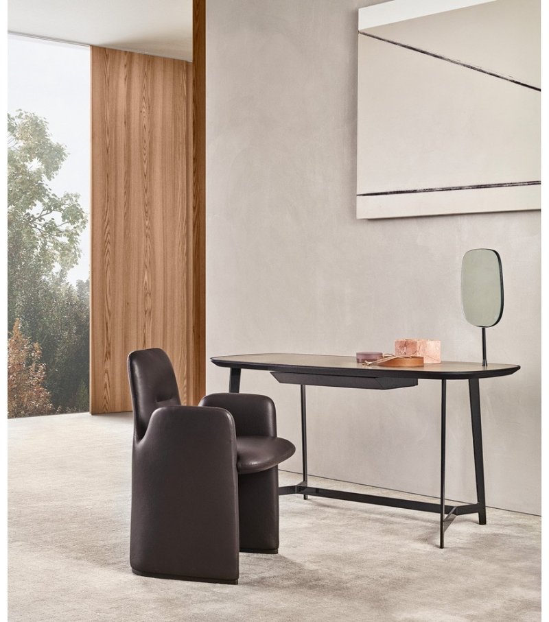 Walnut and Leather Top Vanity Desk with Asymmetrical Mirror