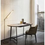 Walnut and Leather Top Vanity Desk with Asymmetrical Mirror