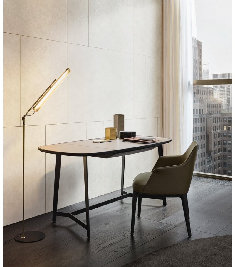 Walnut and Leather Top Vanity Desk with Asymmetrical Mirror