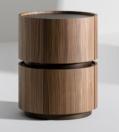 Double Tier Walnut Veneer Round Nightstand