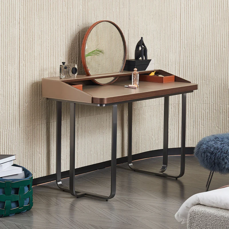 Walnut Vanity Desk with Rattan Round Mirror and Storage Tray
