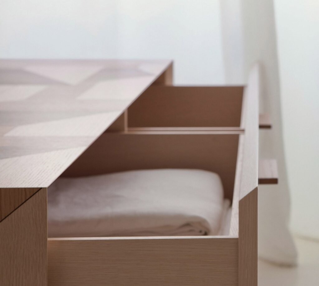 Geometric Wood Coffee Table Multi-Tone Panel Drawer Storage Modern Artistic Center Table