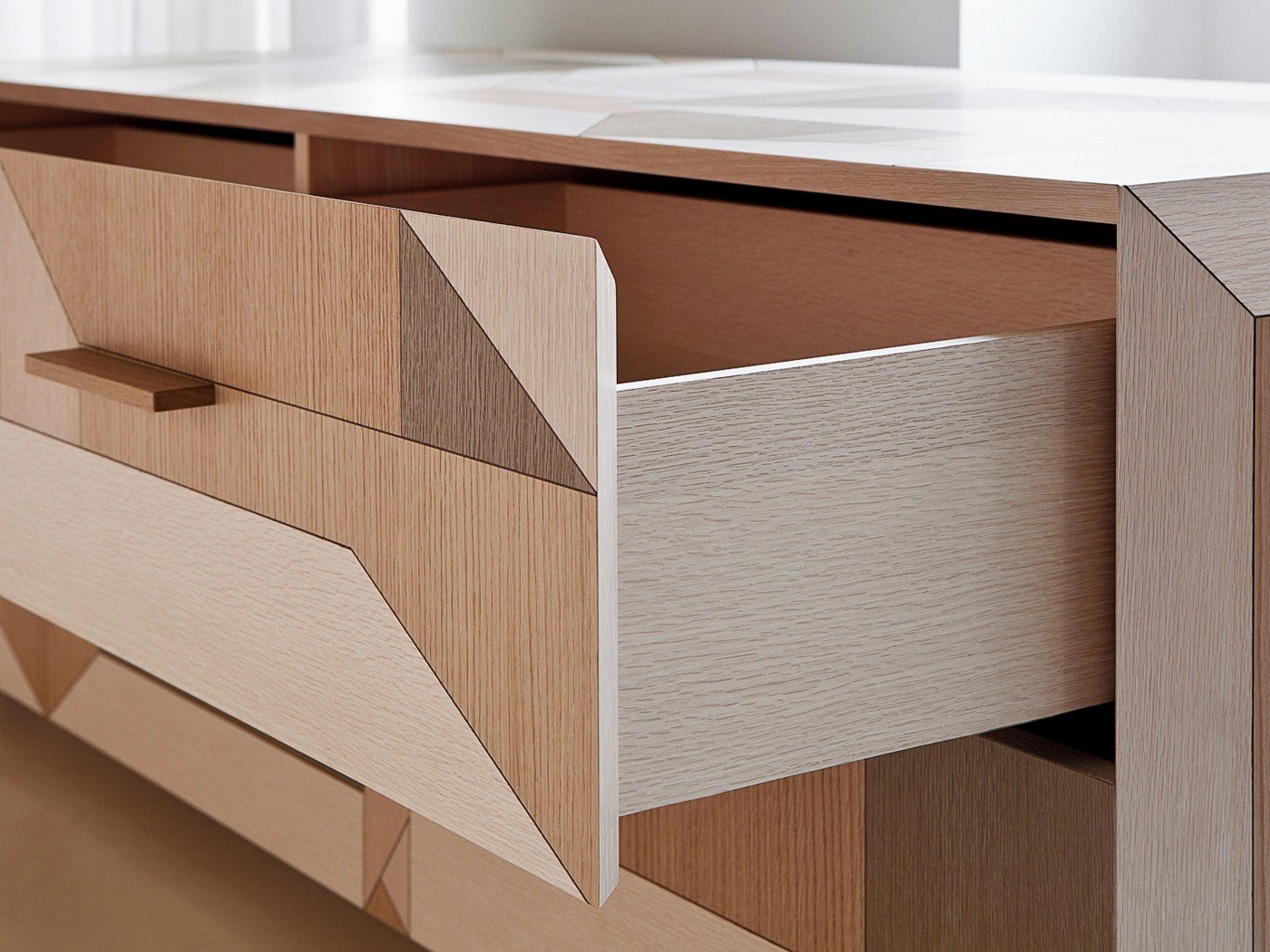 Geometric Wood Coffee Table Multi-Tone Panel Drawer Storage Modern Artistic Center Table