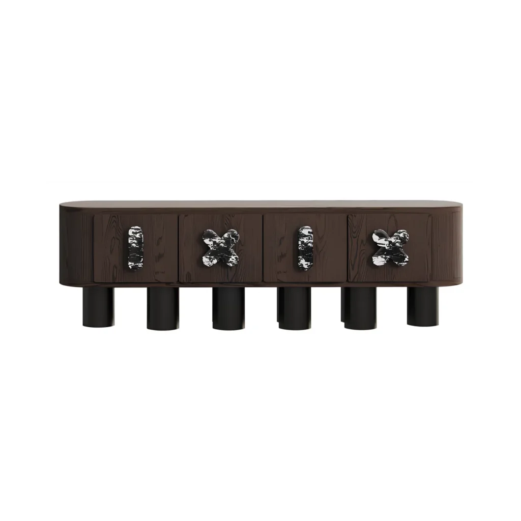 Dark Wood Console Table Marble-Accent Knobs Cylindrical Legs 4-Drawer Modern Storage