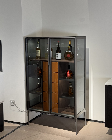 Smoked Glass Liquor Cabinet Metal Frame Wood Drawer Bar Storage Wine Cabinet