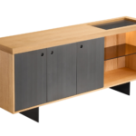 Oak Media Cabinet Metal Doors Glass Shelf LED Light Black Legs Storage Furniture
