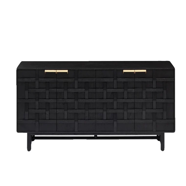 Black Woven Wood Sideboard Gold Accents Modern Storage Furniture