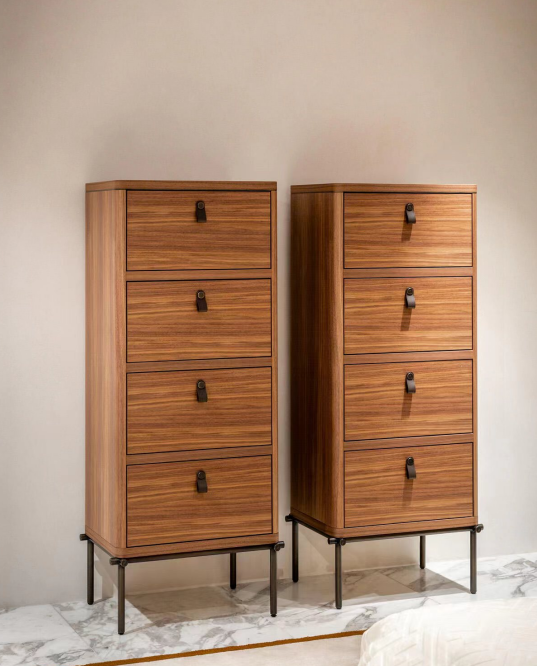 Walnut-Finish 4-Drawer Chest Black Metal Legs Modern Minimalist Storage Cabinet