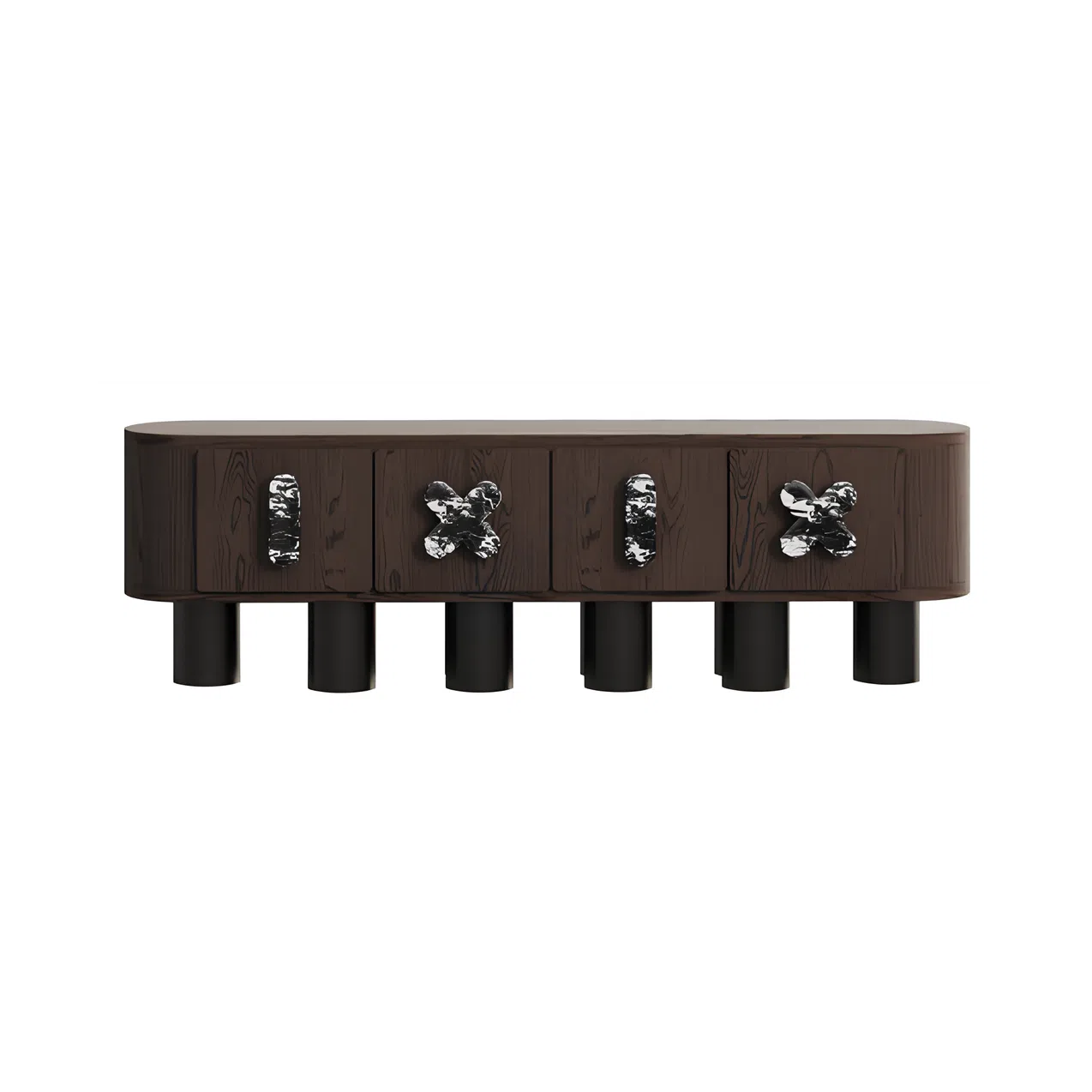 Dark Wood Console Table Marble-Accent Knobs Cylindrical Legs 4-Drawer Modern Storage