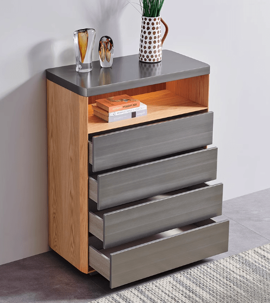 Oak Metal Drawer Cabinet Integrated Lighting Modern Storage Furniture