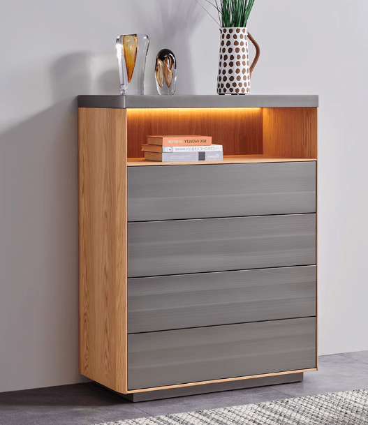 Oak Metal Drawer Cabinet Integrated Lighting Modern Storage Furniture