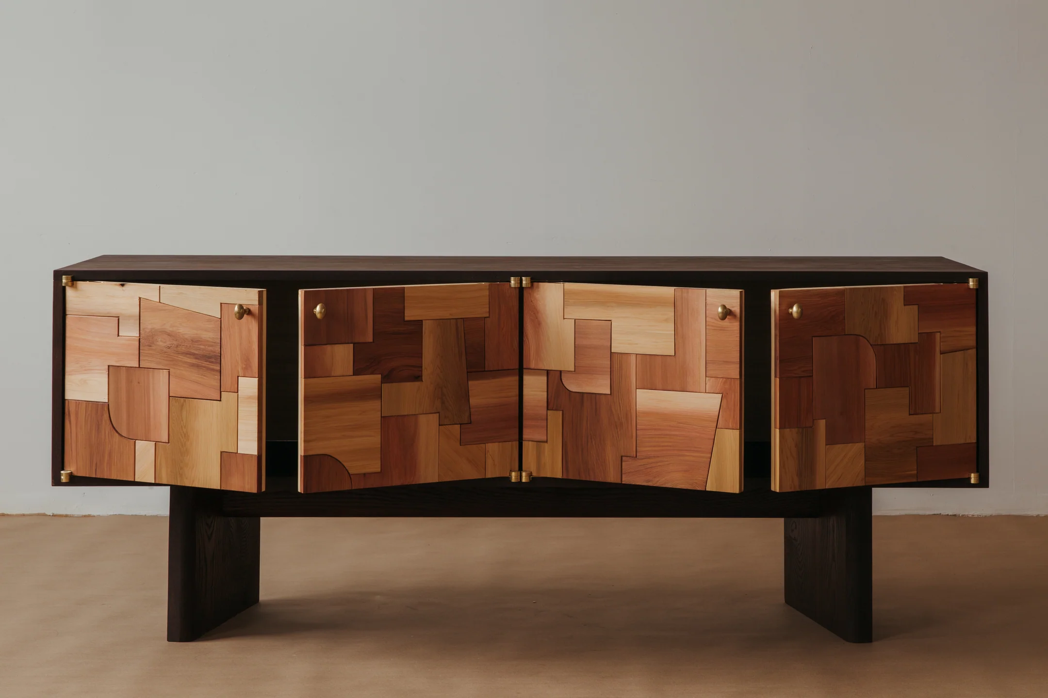 Mixed Wood Patchwork Cabinet Brass Hardware Dark Frame Storage Furniture