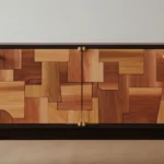 Mixed Wood Patchwork Cabinet Brass Hardware Dark Frame Storage Furniture