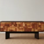 Mixed Wood Patchwork Cabinet Brass Hardware Dark Frame Storage Furniture