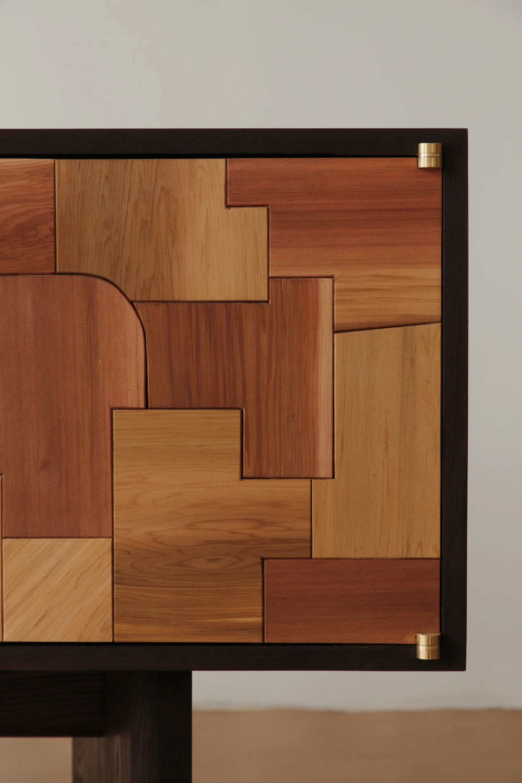 Mixed Wood Patchwork Cabinet Brass Hardware Dark Frame Storage Furniture