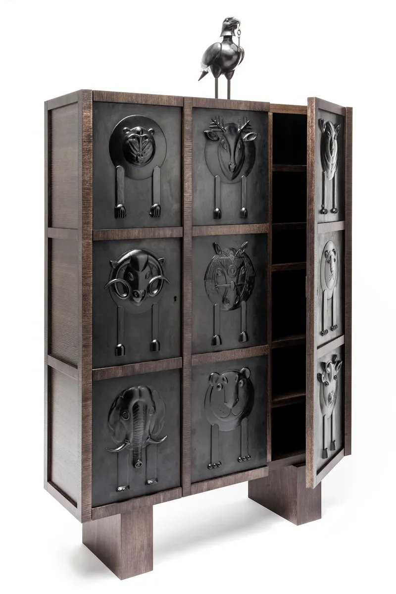 Animal Motif Drawer Cabinet Dark Wood Metal Accents Decorative Storage Furniture