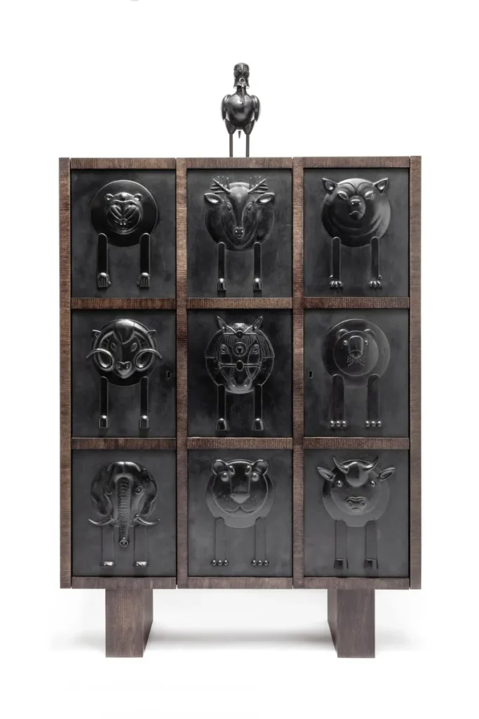 Animal Motif Drawer Cabinet Dark Wood Metal Accents Decorative Storage Furniture