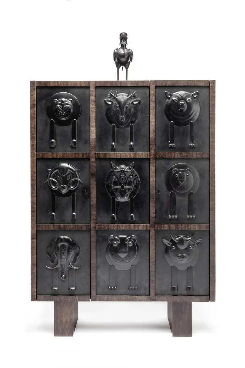 Animal Motif Drawer Cabinet Dark Wood Metal Accents Decorative Storage Furniture