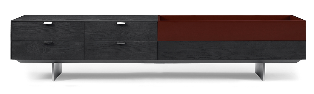 Black Wood TV Console Burgundy Accent Panel Metal Legs Multi-Drawer Storage Cabinet