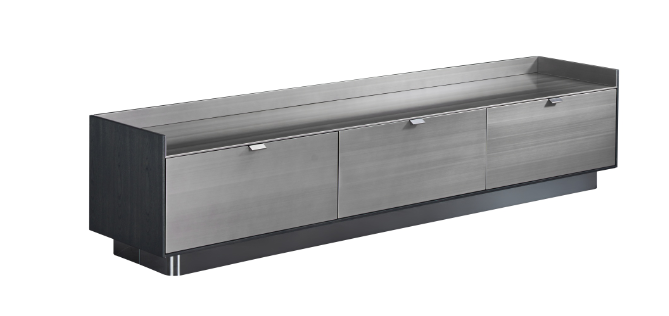 Dark Wood & Brushed Metal TV Console Open Top Shelf Multi-Drawer Minimalist Storage Cabinet