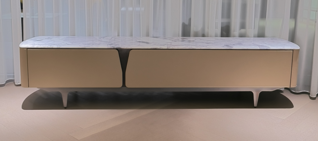Marble-Top TV Console Gold Metallic Cabinets Curved Legs Luxury Modern Living Room Storage Unit
