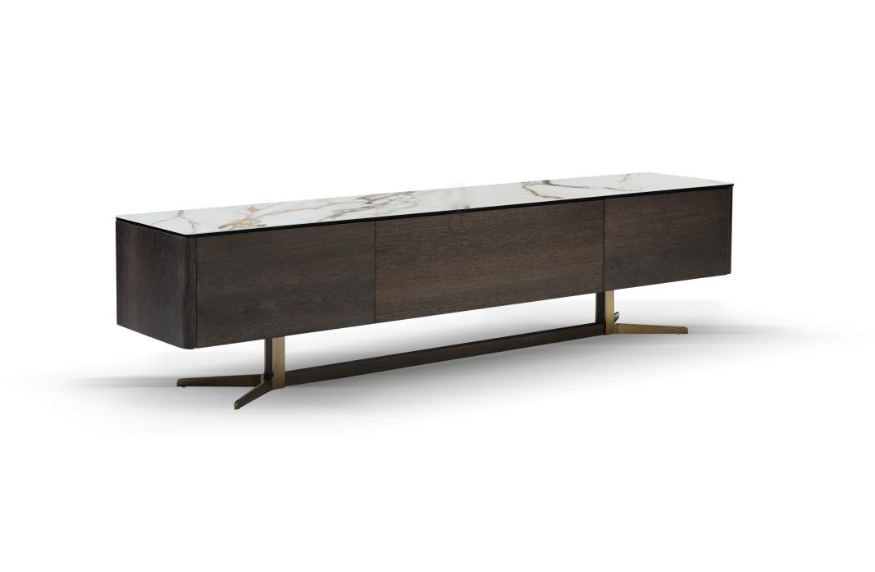 Dark Wood & Marble Top TV Console Brass X-Shaped Legs Modern Minimalist Storage Cabinet